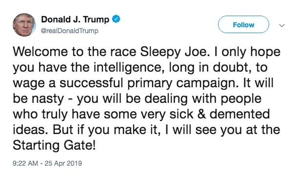 Joe Biden : candidat à la présidentielle de 2020 1 Trump's tweet