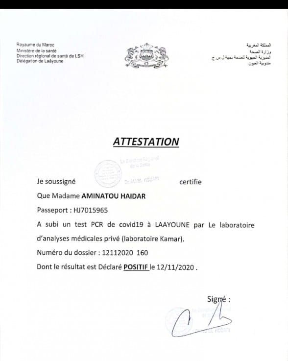 Positive à la Covid-19, Aminatou Haidar empêchée de quitter le Maroc 1 Haidar attestation