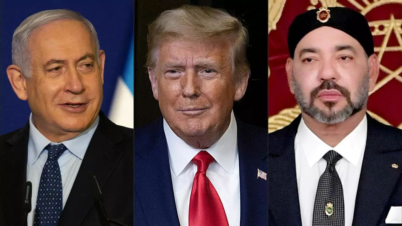 Le Premier ministre israélien Benjamin Netanyahou, le président sortant des États-Unis Donald Trump, et le roi Mohammed VI © AFP