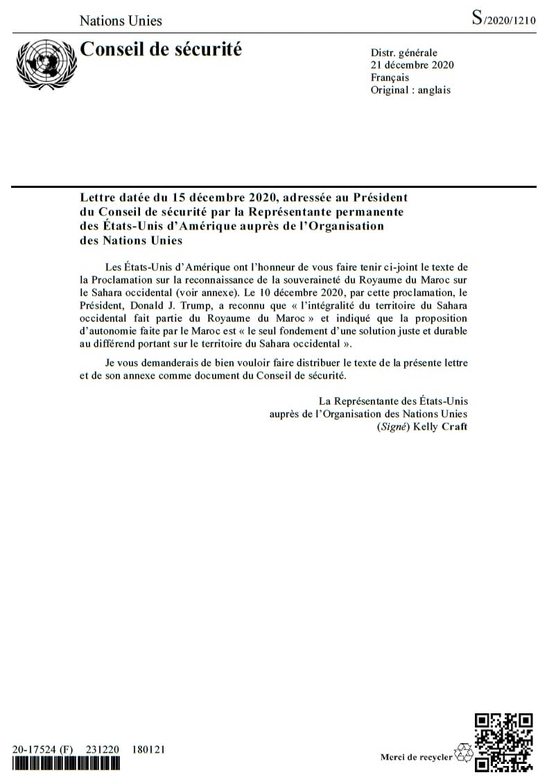 Lettre de Kelly Craft, ambassadrice et représentante permanente des États-Unis auprès de l’ONU