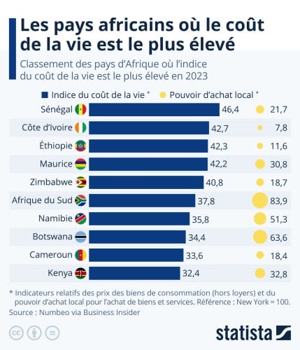 Ce graphique montre les pays d'Afrique où l'indice du coût de la vie est le plus élevé en 2023. © Statista.fr