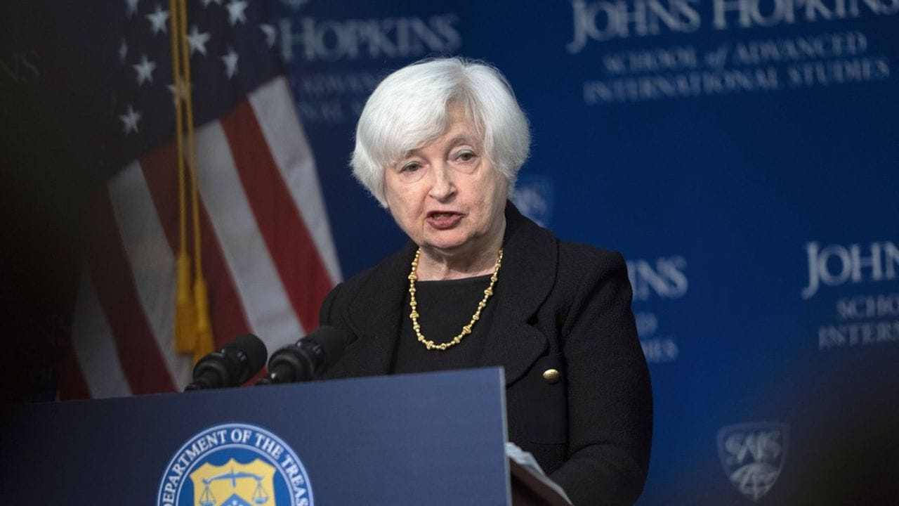 Janet Yellen, la secrétaire au Trésor américaine, le 20 avril 2023 à l'Université John Hopkins à Washington.