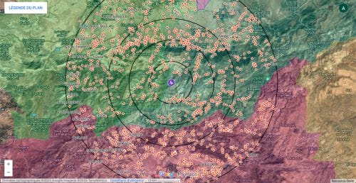 Cartographie des zones sinistrées après le séisme survenu le vendredi 8 septembre 2023 dans les provinces et communes relevant d'Al Haouz, Marrakech, Ouarzazate, Azilal, Chichaoua et Taroudant, créée par un internaute marocain. © Capture d’écran Google Maps