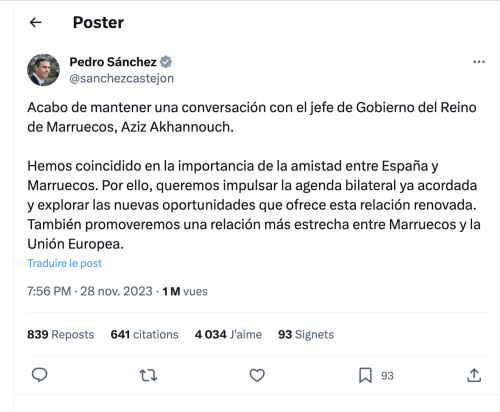 Le premier ministre espagnol se prépare pour une visite au Maroc Capture decran 2023 12 05 a 13.27.15