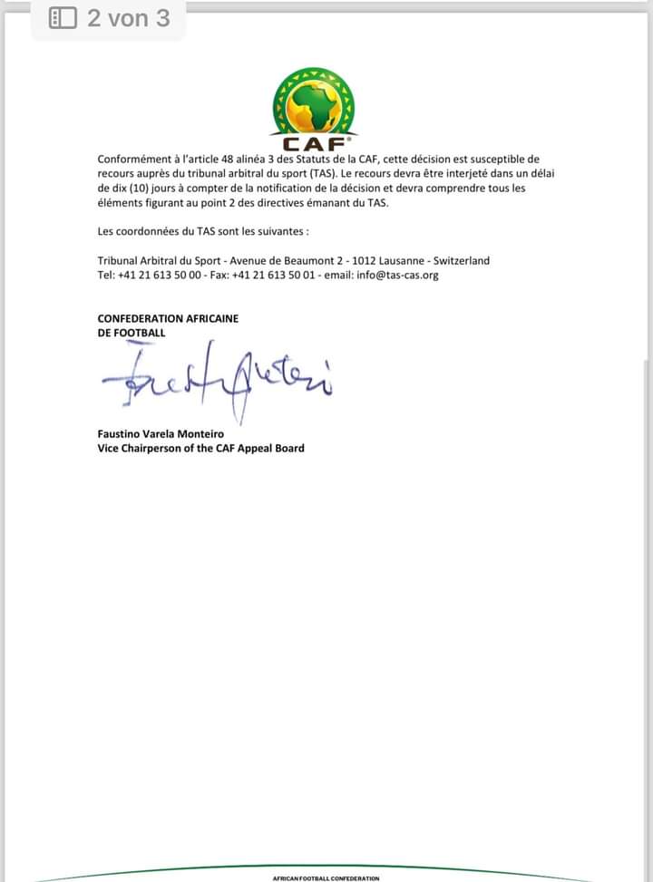 Lettre de la CAF à la FAF