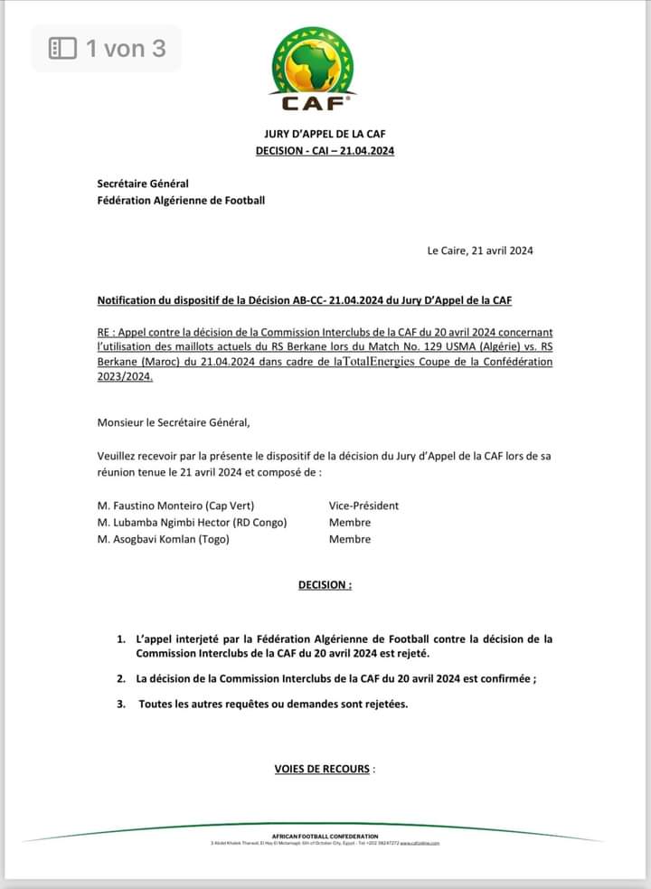 Lettre de la CAF à la FAF