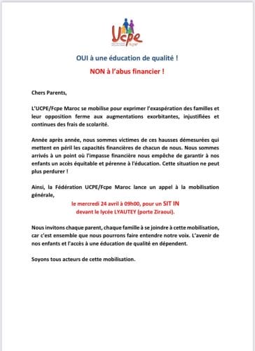 Organisation d'un sit-in contre l'augmentation des frais de scolarité à l'AEFE.