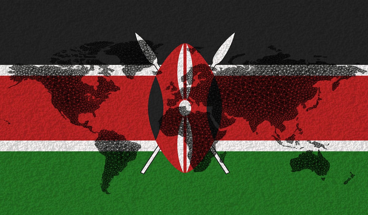 Le drapeau du Kenya sur fond de carte du monde digitale