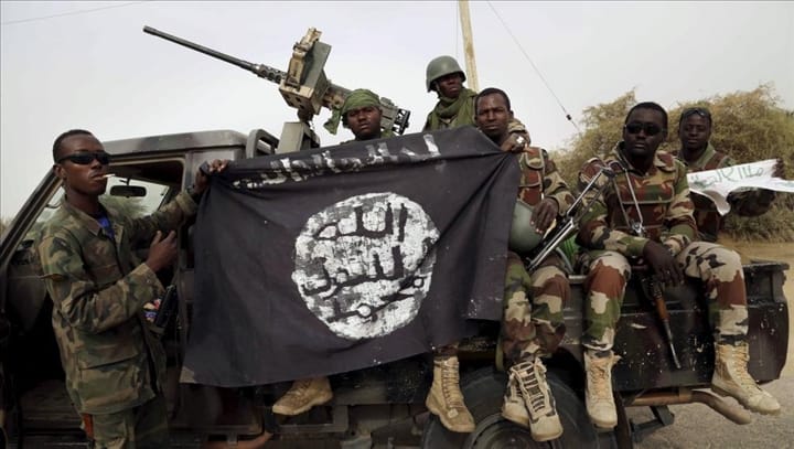 Un drapeau pris aux forces de Boko Haram est brandi par des soldats nigériens entrés dans la ville de Damasak au Nigeria