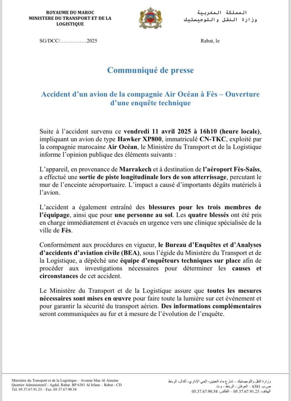 Accident d’un avion d’Air Océan à Fès : quatre blessés, une enquête ouverte 1 Accident d’un avion à Fès | Communiqué officiel